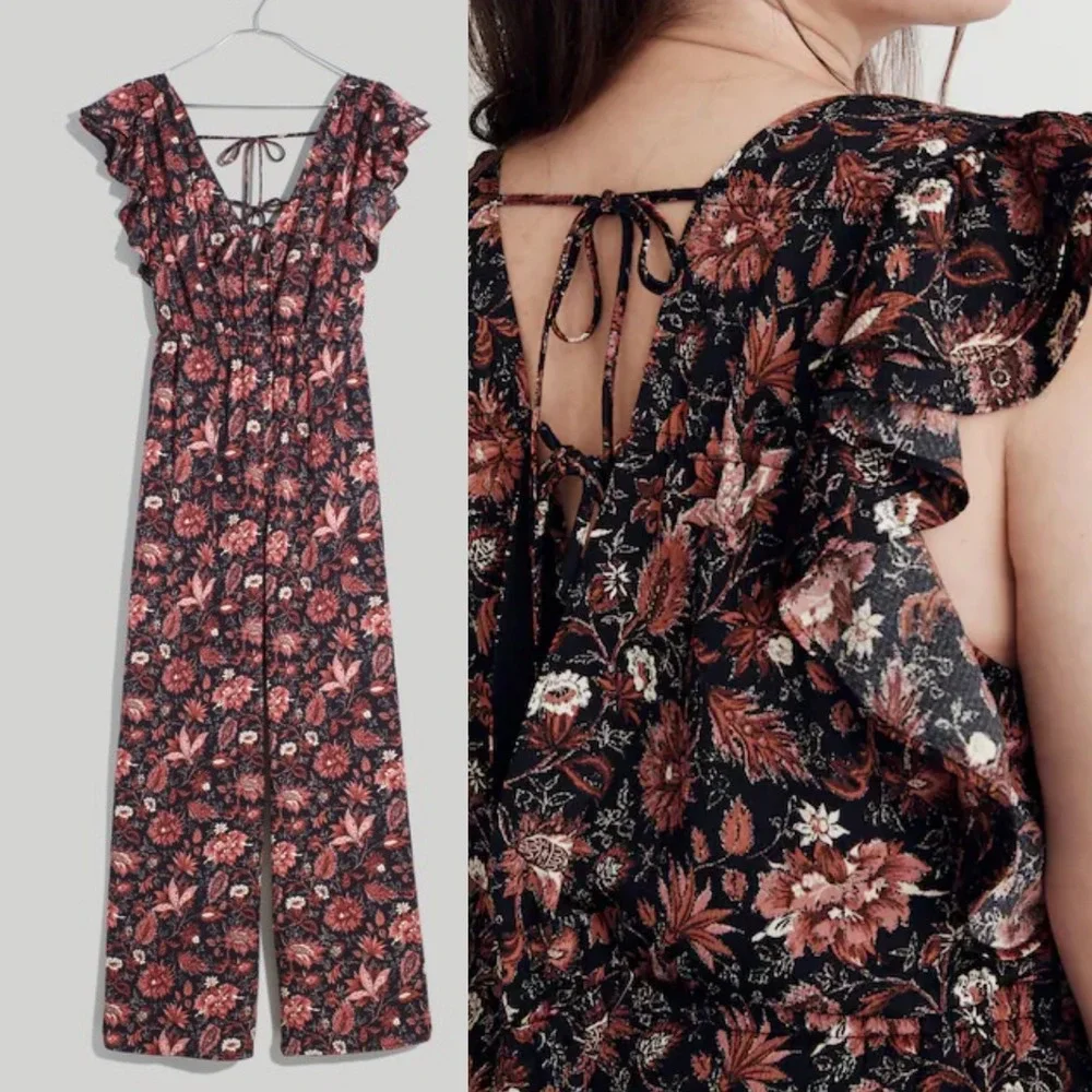 Madewell Dark Floral Wide Leg Jumpsuit Ruffle Womens Size 3X NEW Pampas Blooms - Picture 13 of 16